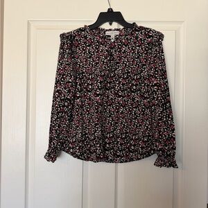 Ruffled Neck Floral Blouse in Black and Pink